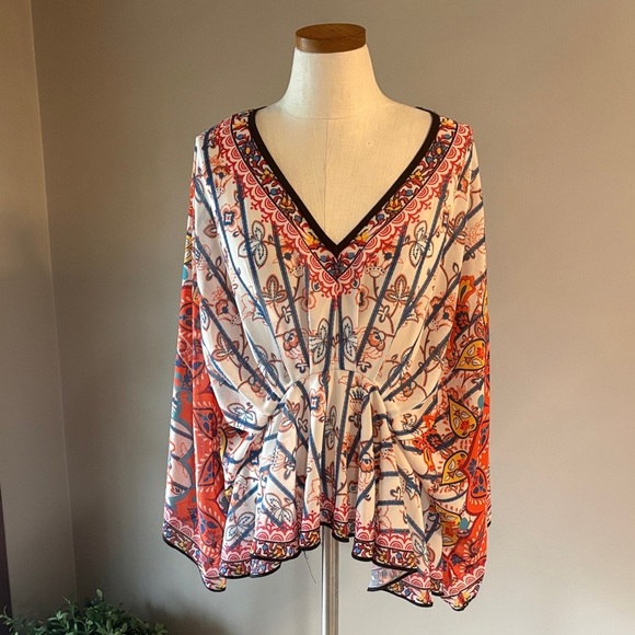 Flying Tomato Tops - Flying Tomato V-Neck sleeved kimono Blouse multi color high low cinched waist L